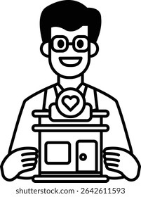A man is holding a small house in his hands. He is smiling and wearing glasses. Concept of warmth and happiness, as the man is holding the house with care and affection