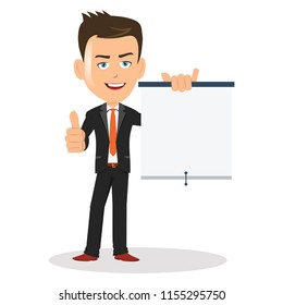 man holding a small pana sign blank empty space showing thumbs up with a business suit tie put logo message info text product image service sales graph marketing corporate instructions