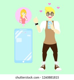 man holding smart phone using dating application site concept online chat with woman,flat cartoon character design vector illustration
