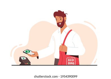 Man Holding Smartphone with App for Online Payment and Eco Bag with Purchases on Cashier Desk. Buyer Use Pos Terminal for Cashless Wireless Payment, NFC Technology. Cartoon Flat Vector Illustration