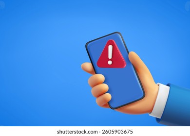 Man holding smartphone with attention sign. 3d vector banner with copy space