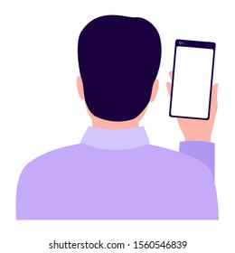 Man Holding Smartphone, Back View. Male Taking Photo, Selfie. Photo Man On Phone. Phone, Internet User. Vector Illustration On White Background