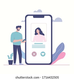 Man holding smartphone. Big smartphone show dating app.