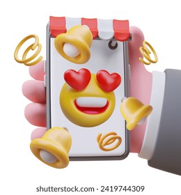 Man holding smartphone with big yellow emoji with heart eyes