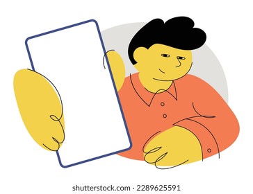 Hombre sujetando un smartphone con pantalla en blanco, con el cierre de la mano. Recomendar Aplicación Móvil, Anuncio O Sitio Web. Hombre con camisa roja que muestra el teléfono con el gadget de pantalla vacío. Mockup de la pantalla del teléfono móvil. Recomendación