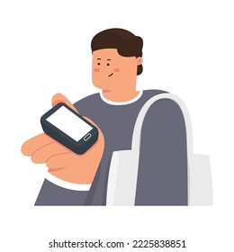 el hombre tiene un smartphone. niño usando el teléfono. estilo plano. Ilustración vectorial en estilo de caricatura