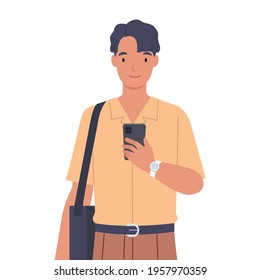 A man holding smartphone , call and sends message via sms chat with internet wifi. Communication concept. Vector illustration in a flat style