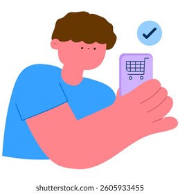 Man holding smartphone with cart and check mark icons, online shopping and e-commerce concept flat vector illustration