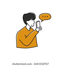 A man holding a smartphone with a chat bubble outline style, simple hand-drawn illustration in minimalist style