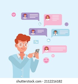 Man holding smartphone chatting with friends and sending picture, new messages, speech bubbles boxes, video call, Social networks, communication concept. people character vector design.