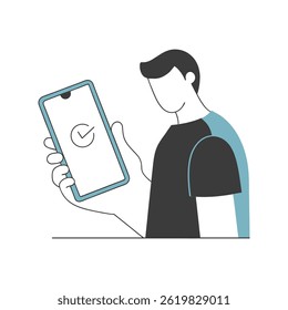 Man holding a smartphone with a check mark on the screen. Minimalist illustration.