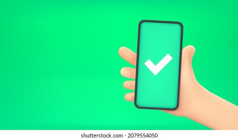 Man holding smartphone with check symbol. Vector banner with copy space