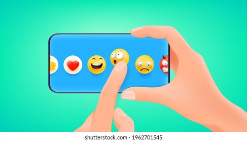 Man holding smartphone and choicing emoji to react. 3d cute style vector illustration