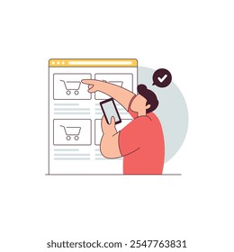 a man holding smartphone and Choosing product in online store. Online shopping concept illustration