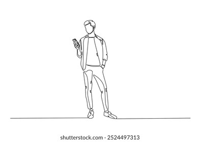 Man holding smartphone in continuous one line drawing. Single line art illustration of businessman holding phone. Editable vector.