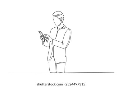 Man holding smartphone in continuous one line drawing. Single line art illustration of businessman holding phone. Editable vector.