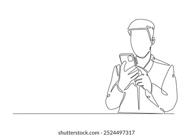 Man holding smartphone in continuous one line drawing. Single line art illustration of businessman holding phone. Editable vector.