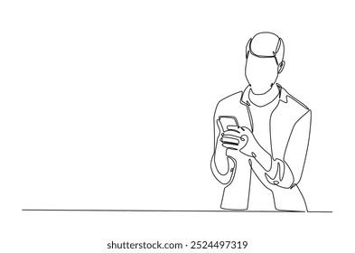Man holding smartphone in continuous one line drawing. Single line art illustration of businessman holding phone. Editable vector.