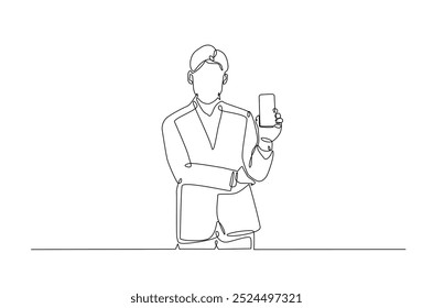 Hombre sosteniendo el teléfono inteligente en un dibujo continuo de una línea. Ilustración de arte de una sola línea del hombre de negocios que sostiene el teléfono. Vector editable.