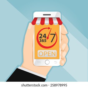 Man holding smartphone day and night online shop on smartphone 24/7 online, e-commerce concept vector