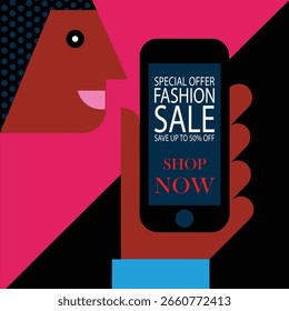 Mann, der ein Smartphone hält, das eine lebhafte Modewerbung mit bunten Elementen und klarem Text zeigt.