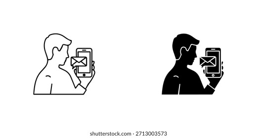 Hombre que sostiene el smartphone con el icono de la notificación del mensaje del email, arte de la línea y silueta, aislado en