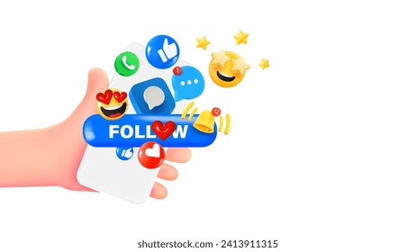 Man holding smartphone with emojis. 3d banner with copy space