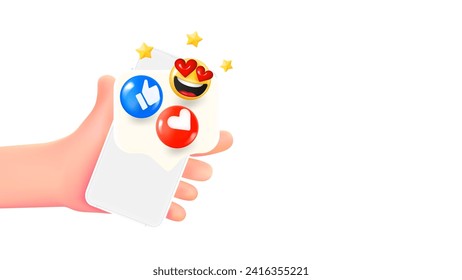 Man holding smartphone with emojis. 3d banner with copy space