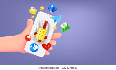 Man holding smartphone with England mobile operator SIM card and app icons. Safety concept. 3d banner with copy space