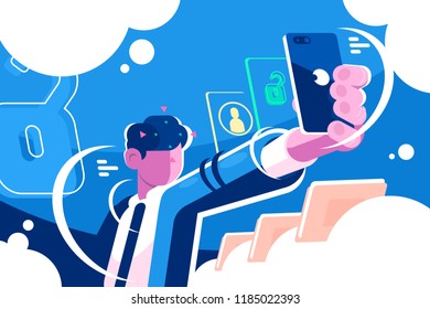 Hombre sujetando un smartphone obteniendo un dispositivo de acceso. Imagen de la cámara frontal de identificación de teléfono móvil. Concepto de tecnologías de seguridad digital horizontal. Ilustración del vector