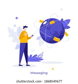 Man holding smartphone, globe and letters in envelopes around it. Concept of global internet communication, mobile application for instant messaging. Flat vector illustration for poster, banner.