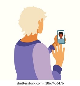 Man holding a smartphone. Hand drawn illustration in modern, trendy colors. Online communication on social network and media, instant communication concept, vector illustration.