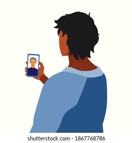 Man holding a smartphone. Hand drawn illustration in modern, trendy colors. Online communication on social network and media, instant communication concept, vector illustration.