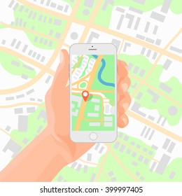 Man holding smartphone in hand with mobile gps navigation map Vector illustration.