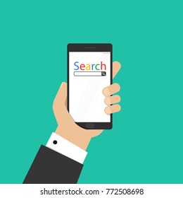 Man holding smartphone in hand. Mobile app for phones. Search on the internet. Vector illustration flat design. Isolated on background. Searching concept. Modern technologies.