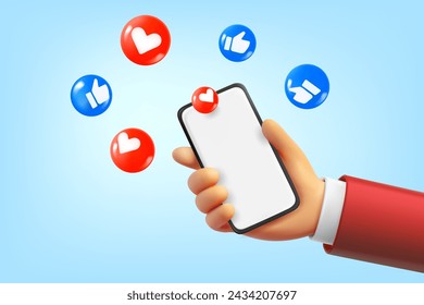 Man holding smartphone in a hand and using social media network. 3d vector illustration

