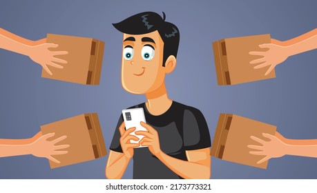 
Man Holding Smartphone Having his Orders Delivered Vector Cartoon. Happy customer receiving parcels with free shipping from e-commerce purchases 

