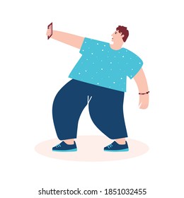 A man holding a smartphone in his hand and taking a selfie photo. Vector flat cartoon illustration in white background