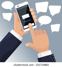 Man holding smartphone in his hand and sends message via sms chat cartoon flat design style