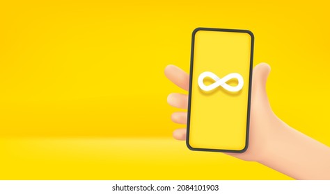 Man holding smartphone with infinity symbol. Vector banner with copy space