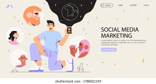 Man holding smartphone. Influencer marketing banner, flyer, web page. Social media account promotion, audience or followers growth, refer a friend. People following bloger on social media.