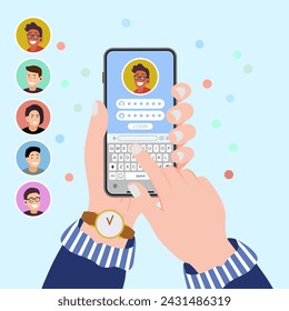 Man holding smartphone with the login screen. Cartoon Smartphone with man avatar. Vector.