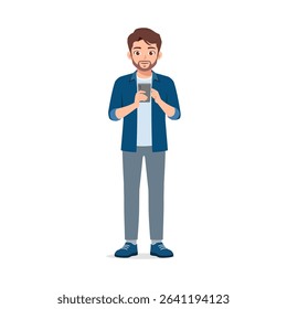 Man Holding Smartphone Looking Forward Wearing Blue Shirt and Gray Pant in Full Body Isolated