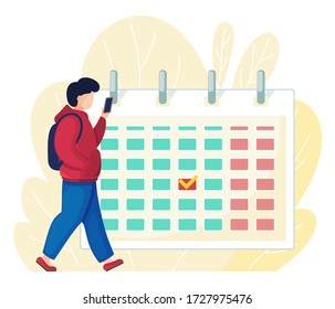 Man holding smartphone looking at screen. Guy effectively organizing his work. Planning date with calendar. Checkmark in calendar. Tasks and meetings events planning. Concept of scheduling information