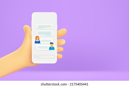 Man holding smartphone with messenger app. Banner with copy space
