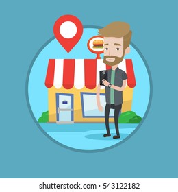 Man holding smartphone with mobile app for looking for restaurant. Young man using smartphone on the background of restaurant. Vector flat design illustration in the circle isolated on background.