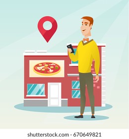 Man holding a smartphone with mobile app for looking for a restaurant. Young man using a smartphone on the background of the restaurant with map pointer. Vector flat design illustration. Square layout