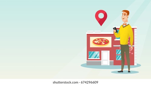 Mann, der ein Smartphone mit einer mobilen App für die Suche nach einem Restaurant hält. Mann mit einem Smartphone auf dem Hintergrund des Restaurants mit Kartenzeiger. Vektorflache Design-Illustration. Horizontales Layout.