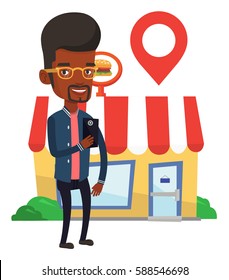 Man holding smartphone with mobile application for looking for restaurant. Man using smartphone application for searching of restaurant. Vector flat design illustration isolated on white background.