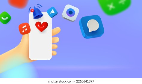 Hombre portando smartphone con aplicaciones móviles. Banner vectorial horizontal con espacio de copia